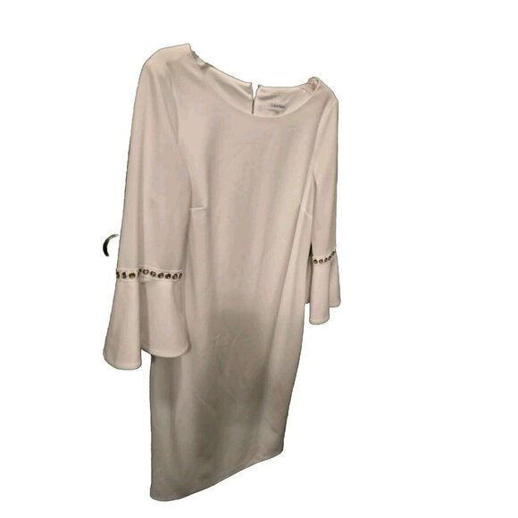 Calvin Klein Dress Size 14 Flutter Sleeve White Cotton Wedding Summer Gold Trim - Picture 1 of 4